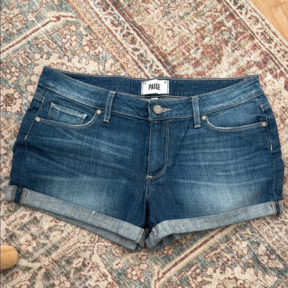 PAIGE Blue Jean Shorts with Rolled Cuffs and Faded Look